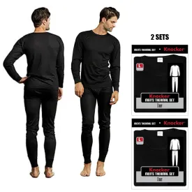 2 Sets Mens Thermal Underwear Long Sleeve Shirt Pajama Pants Warm Winter Black L