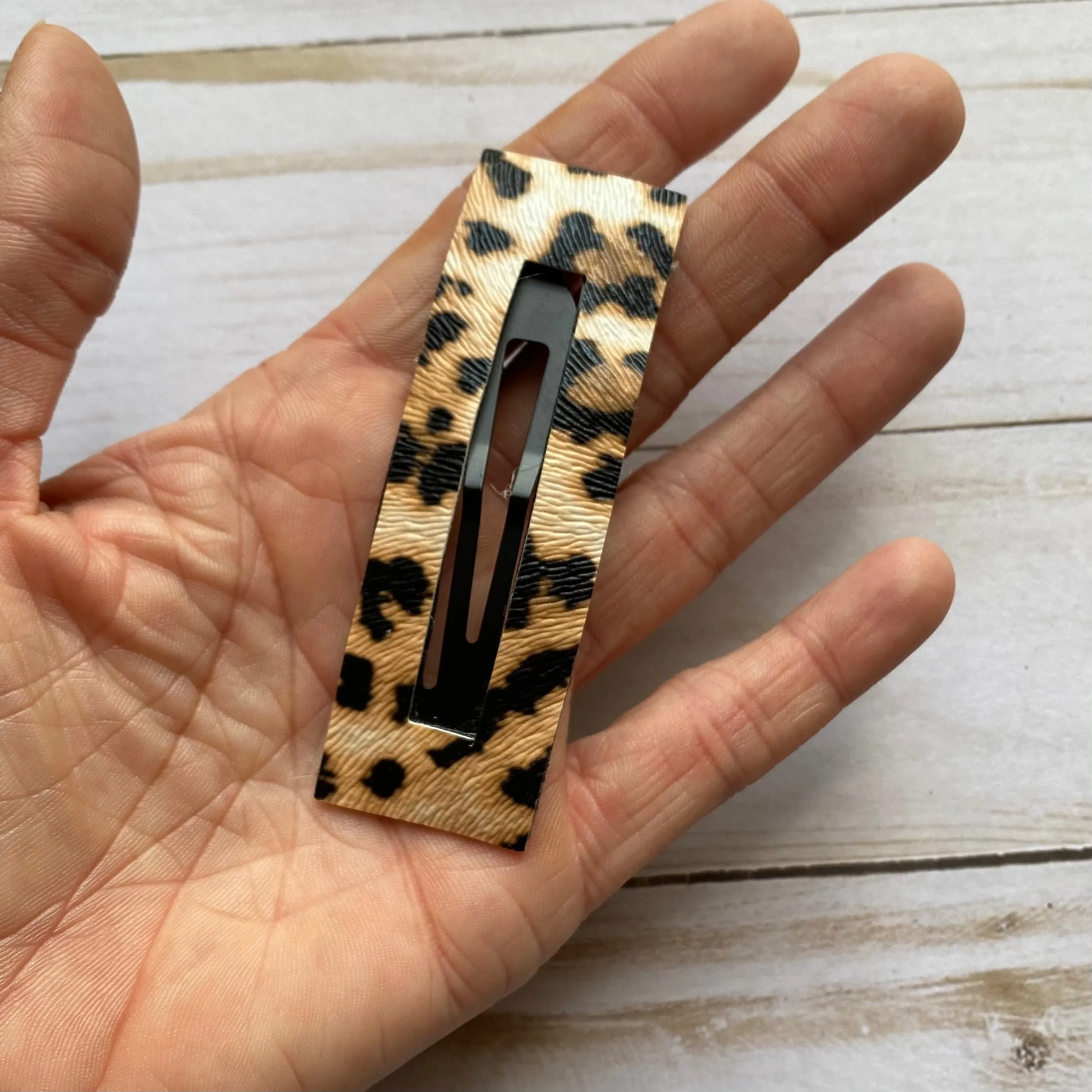 3.25” Tan and Black Animal Print Rectangle Snap Clip