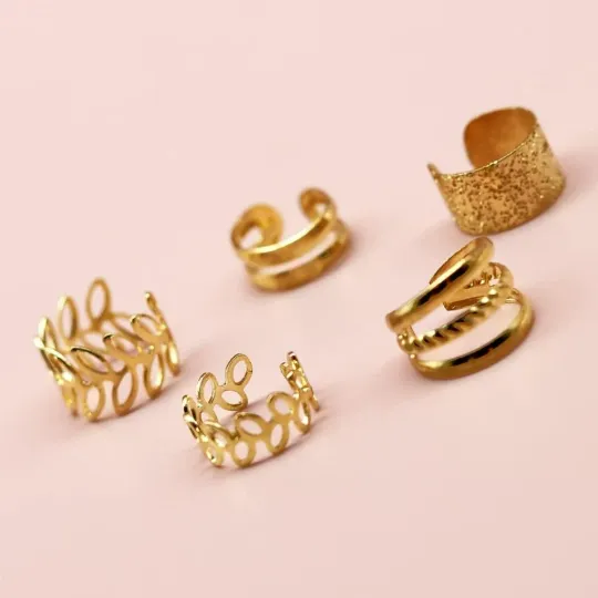 5 Piece Gold Silver Slim Leaf Band Adjustable Wire Wrap Non Piercing Ear Cuff