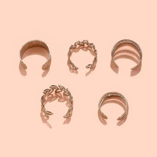 5 Piece Gold Silver Slim Leaf Band Adjustable Wire Wrap Non Piercing Ear Cuff