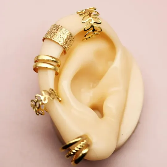 5 Piece Gold Silver Slim Leaf Band Adjustable Wire Wrap Non Piercing Ear Cuff