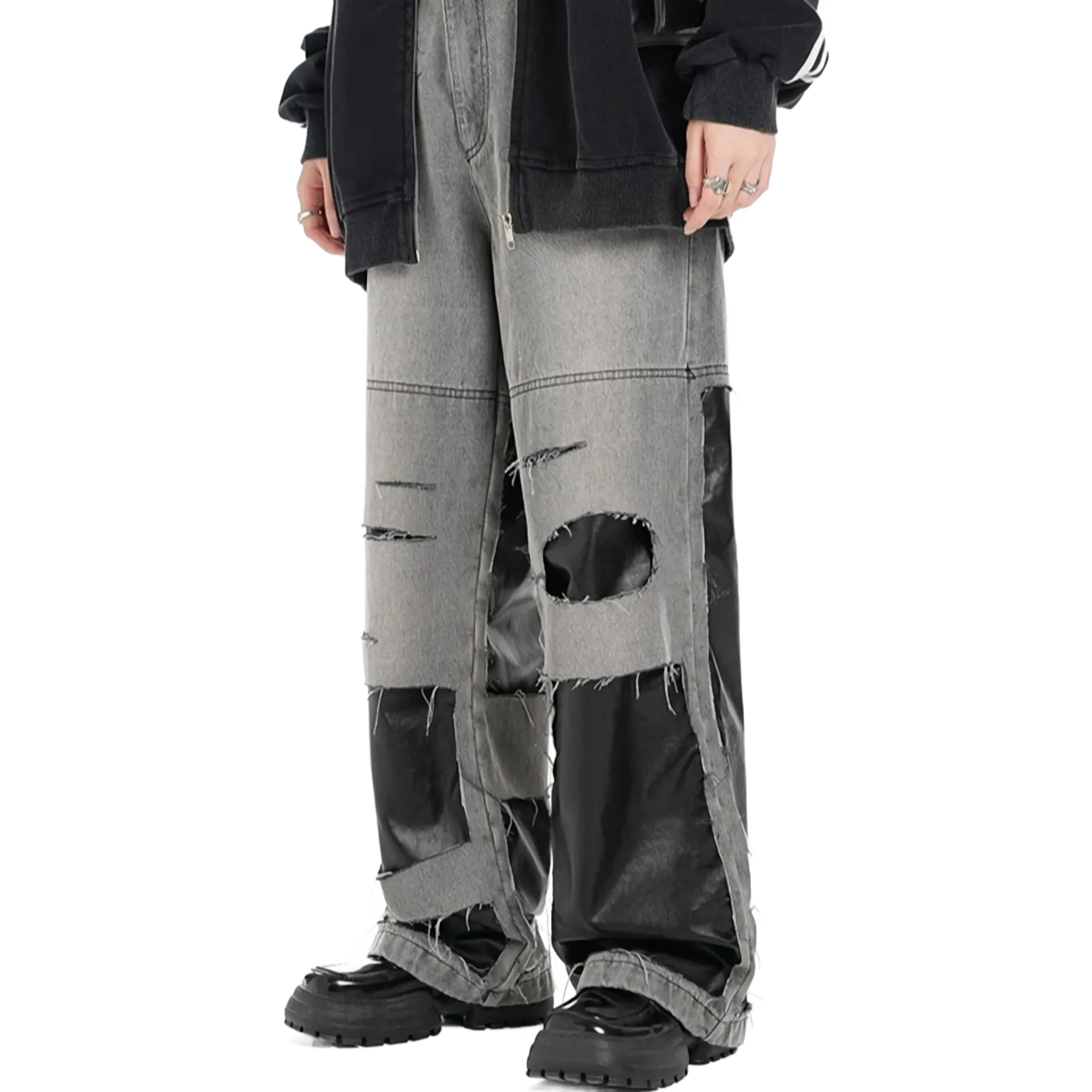 'Asphalt' Leather-Accent Denim Jeans