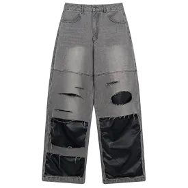 'Asphalt' Leather-Accent Denim Jeans