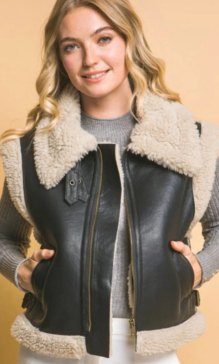 Avesa Black Vegan Leather Shearling Side Pocket Vest Jacket