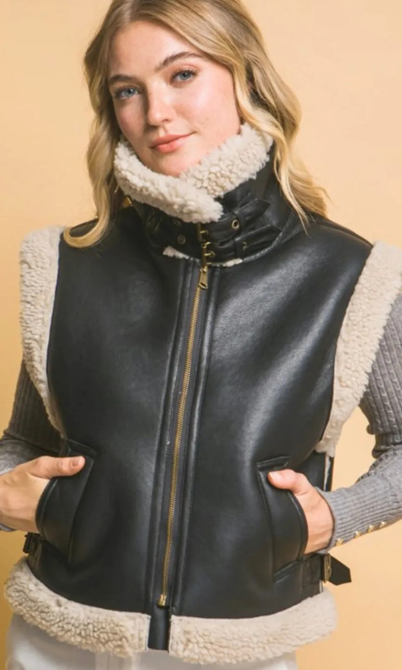 Avesa Black Vegan Leather Shearling Side Pocket Vest Jacket