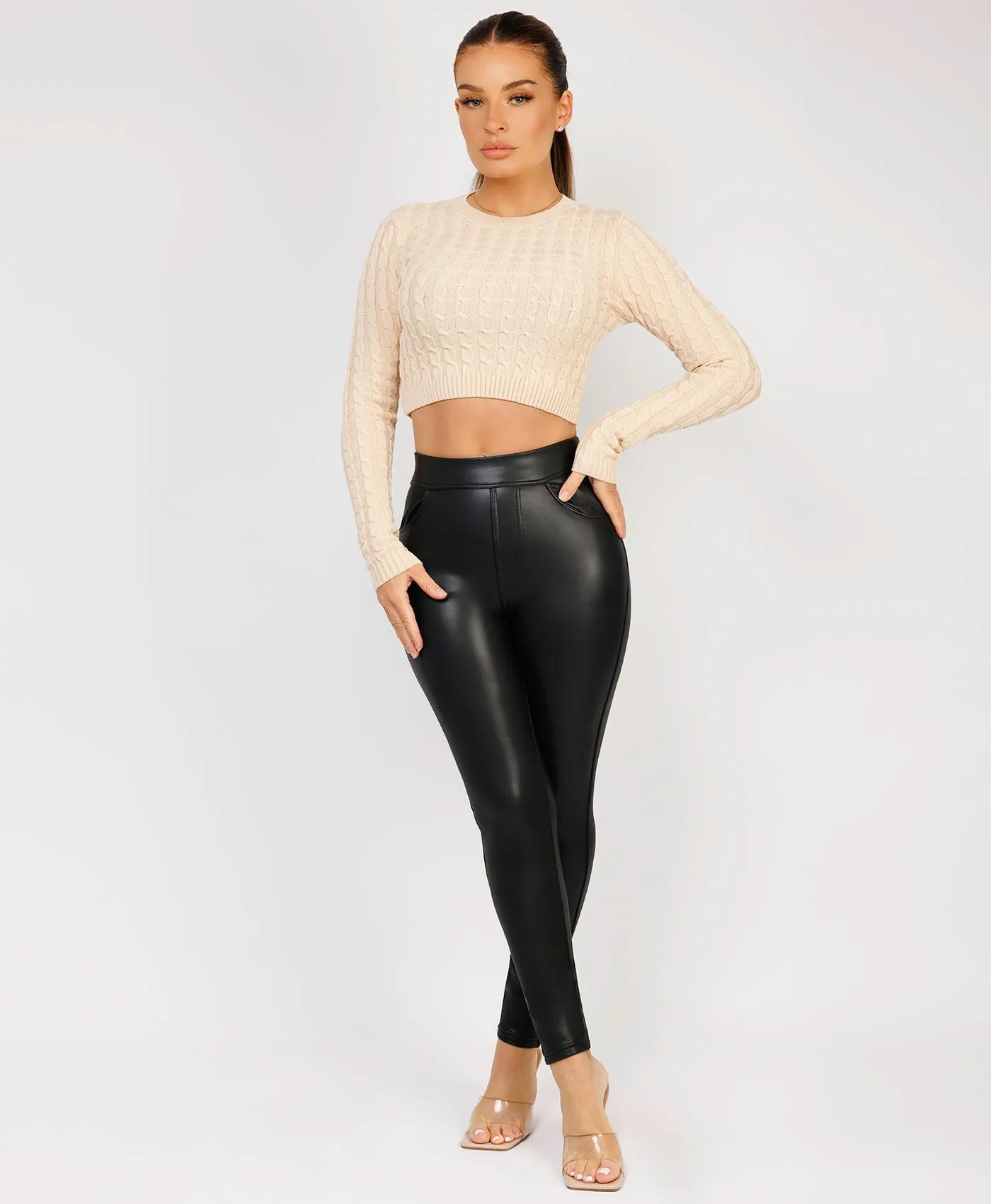 Beige Long Sleeve Cropped Cable Knit Sweater