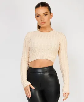 Beige Long Sleeve Cropped Cable Knit Sweater