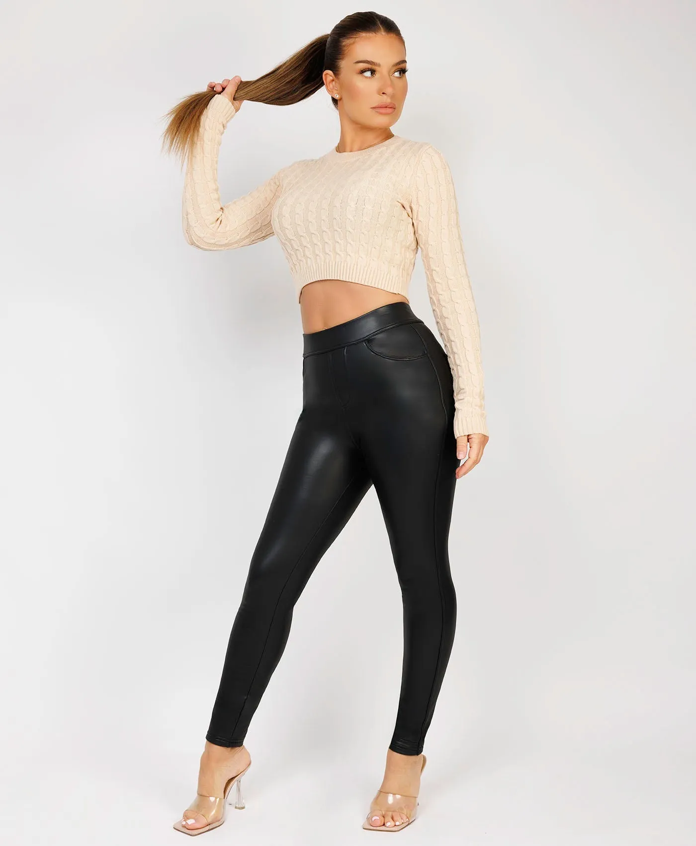 Beige Long Sleeve Cropped Cable Knit Sweater
