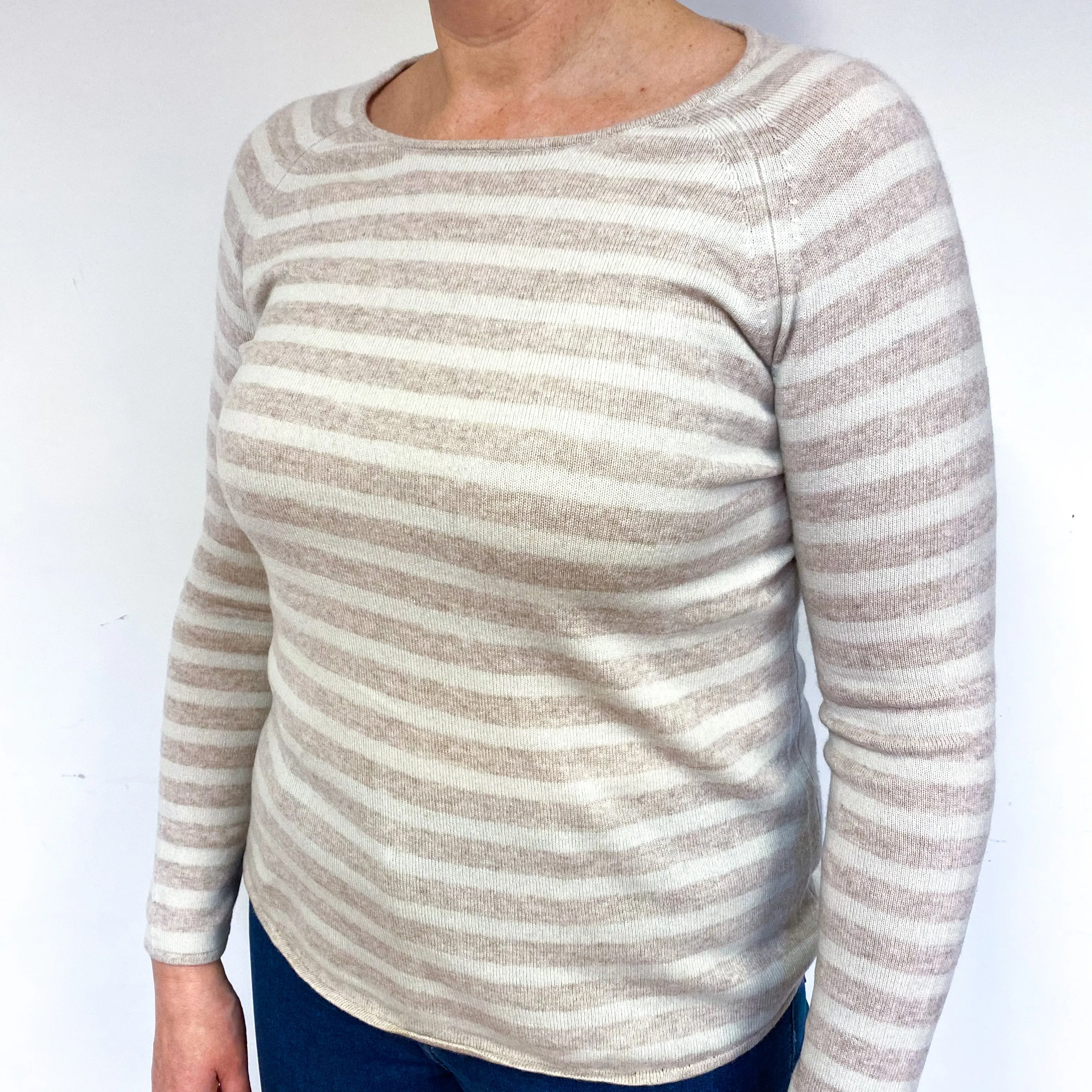 Beige Striped Cashmere Crew Neck Jumper Large