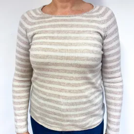 Beige Striped Cashmere Crew Neck Jumper Large