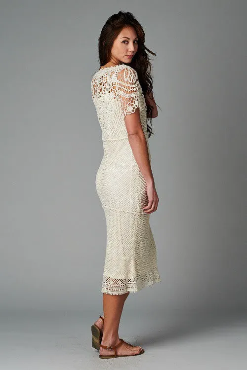 Bias Cut Crochet Lace Midi Dress