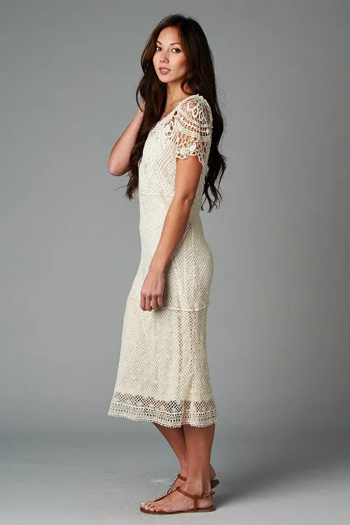 Bias Cut Crochet Lace Midi Dress
