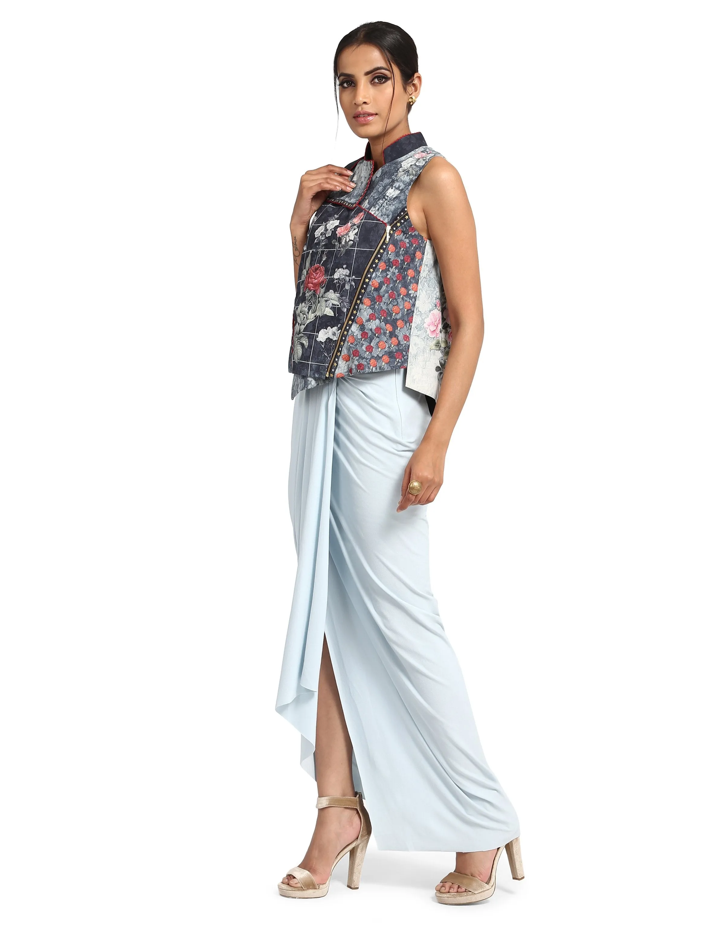 Biker Style Gilet with Star Studded Seam Details- Teal
