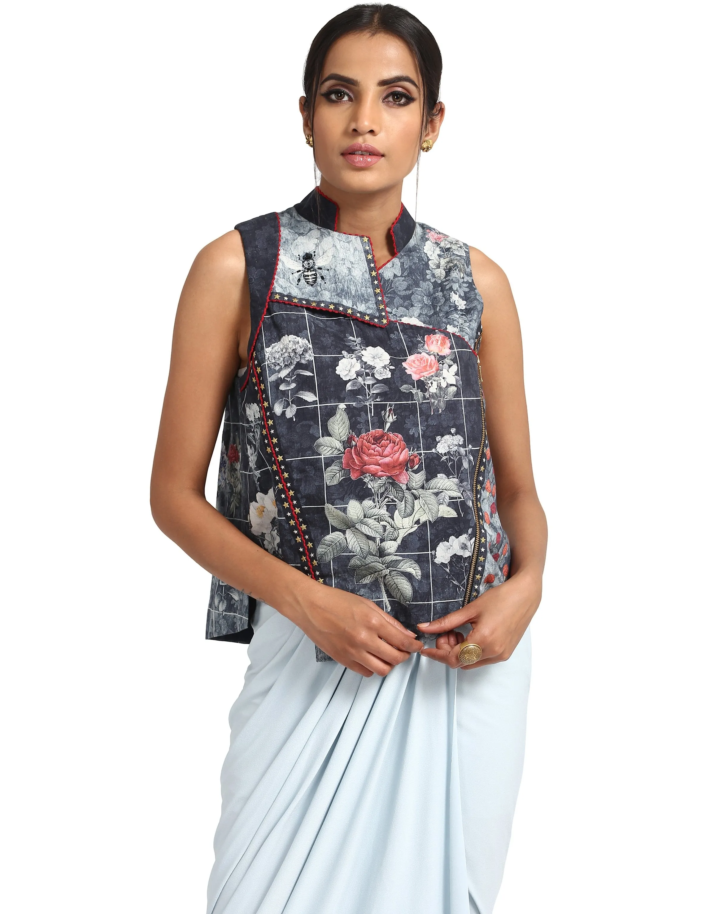 Biker Style Gilet with Star Studded Seam Details- Teal