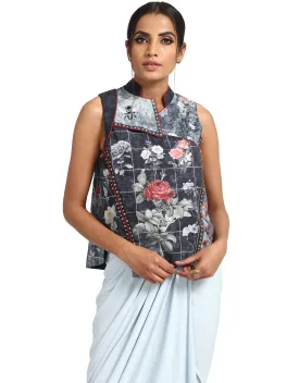 Biker Style Gilet with Star Studded Seam Details- Teal