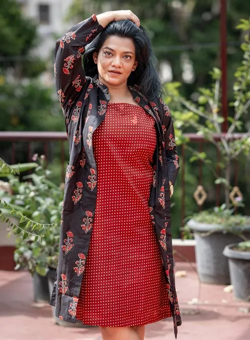 Black and Red Printed Cotton Set of Two Dresses