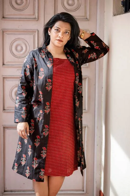 Black and Red Printed Cotton Set of Two Dresses
