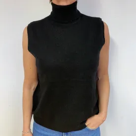 Black Cashmere Sleeveless Polo Neck Jumper Medium