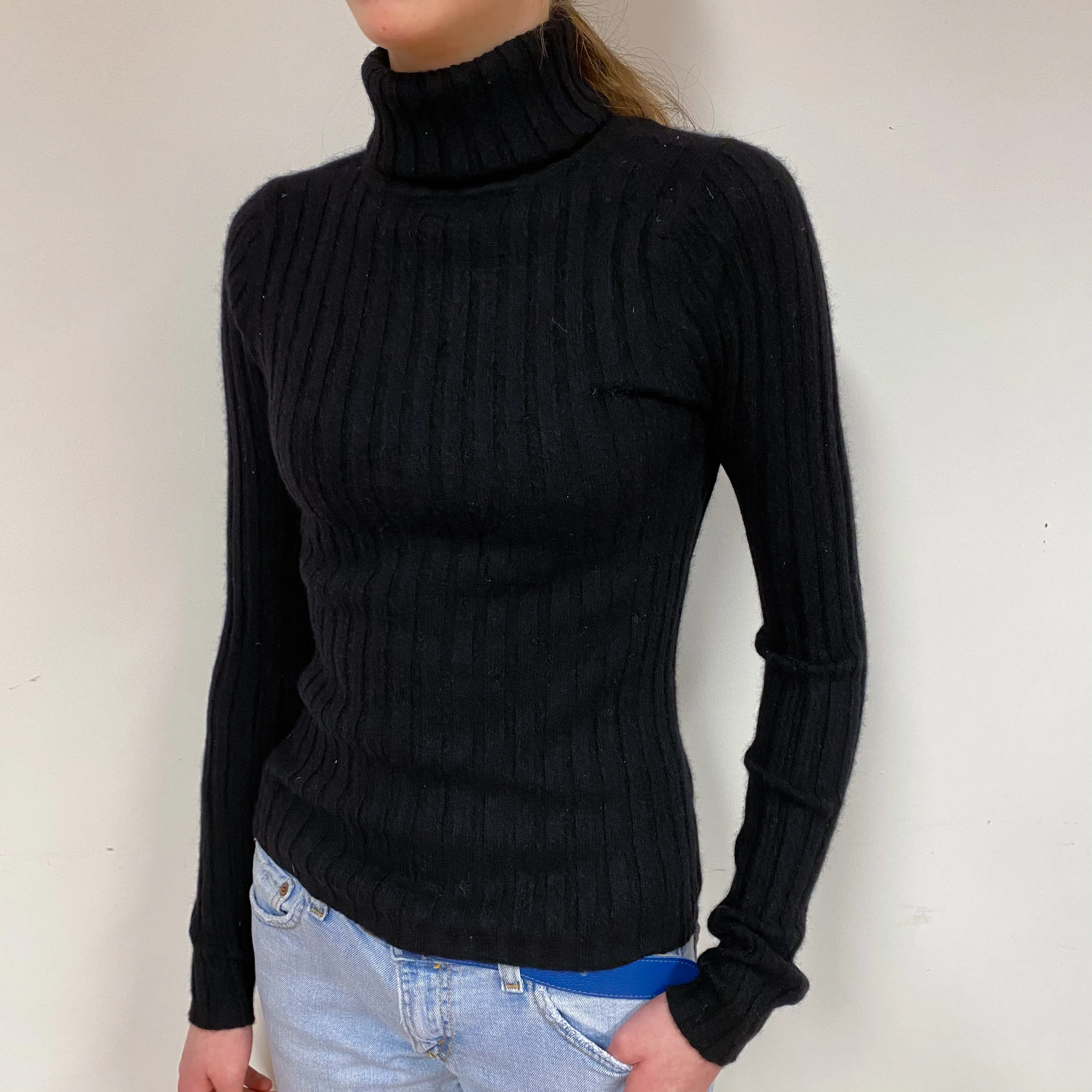 Black Skinny Ribbed Cashmere Polo Neck Jumper Extra Small