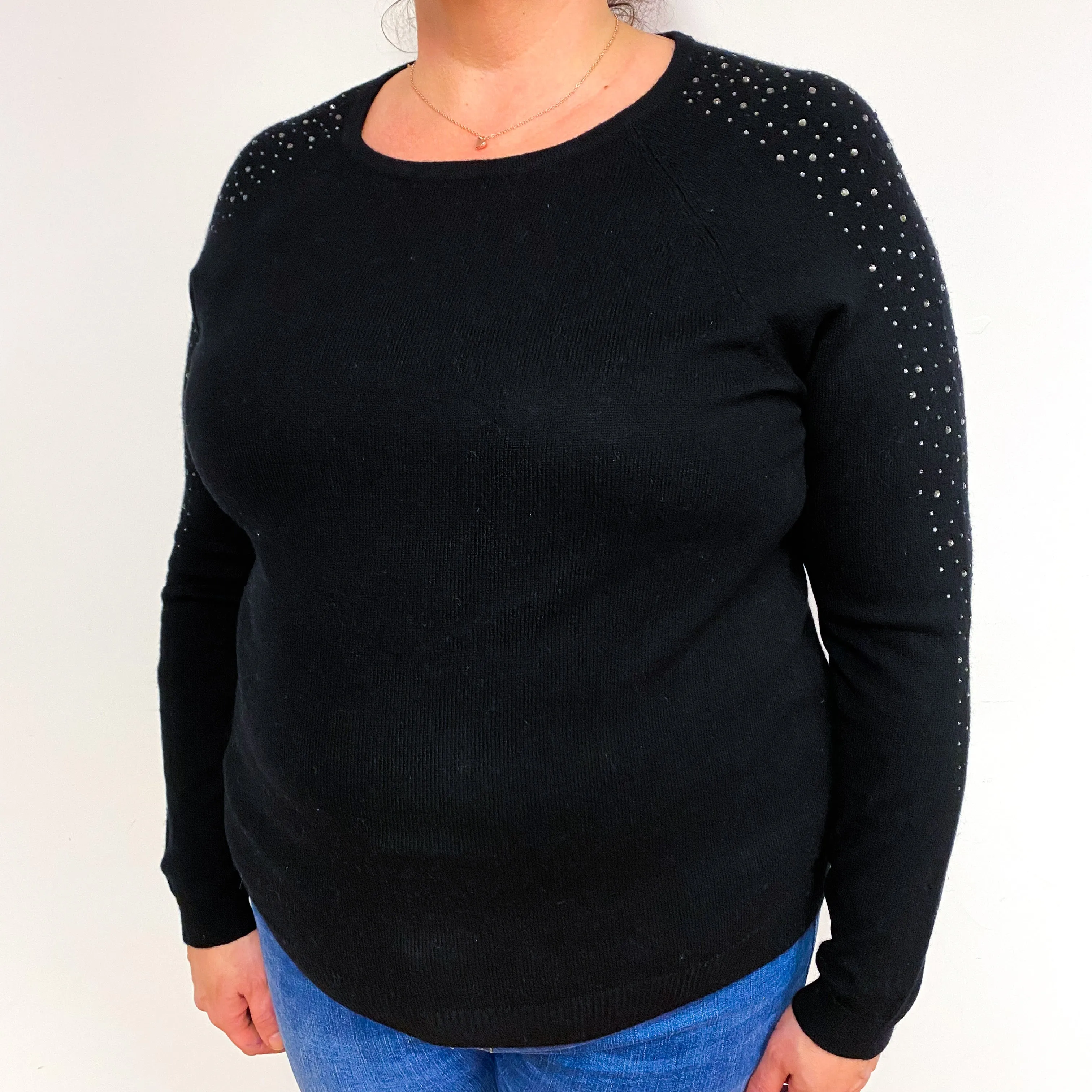 Black Stud Sleeve Cashmere Crew Neck Jumper Extra Large