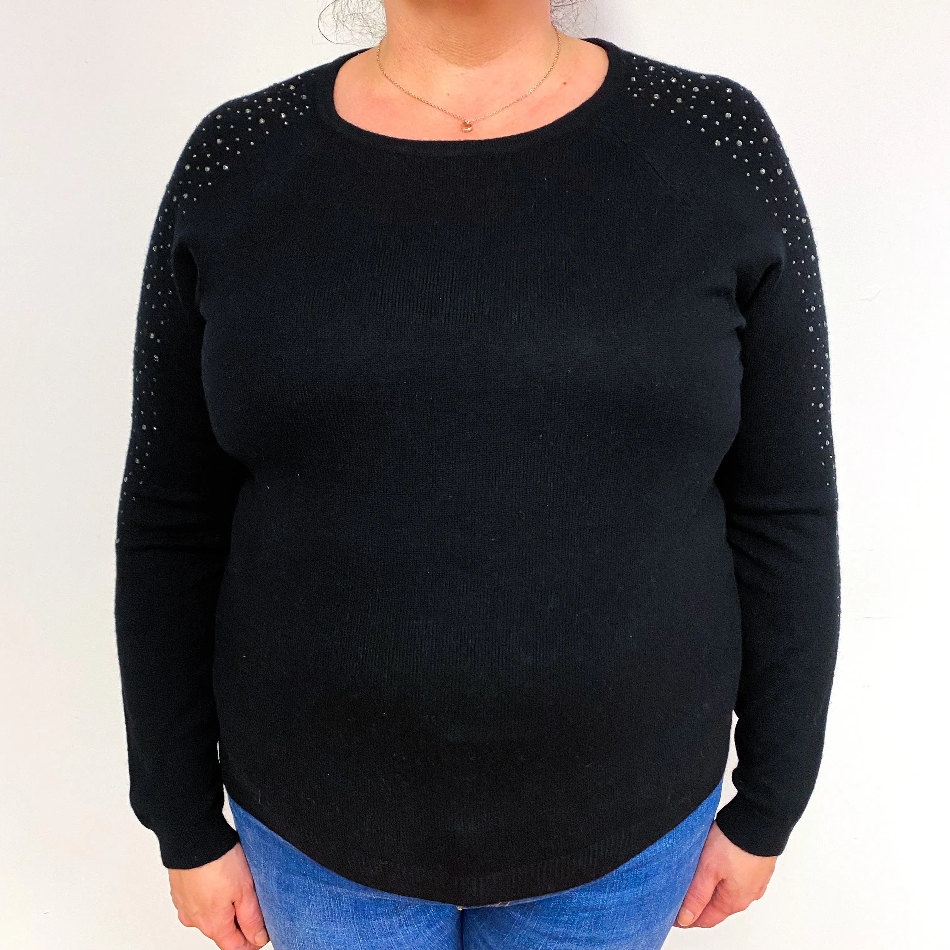 Black Stud Sleeve Cashmere Crew Neck Jumper Extra Large