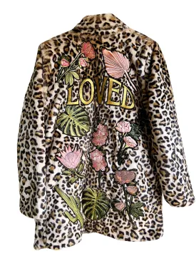 Boho Botanicals 'Loved' Embroidered, Leopard Print, Faux Fur Coat