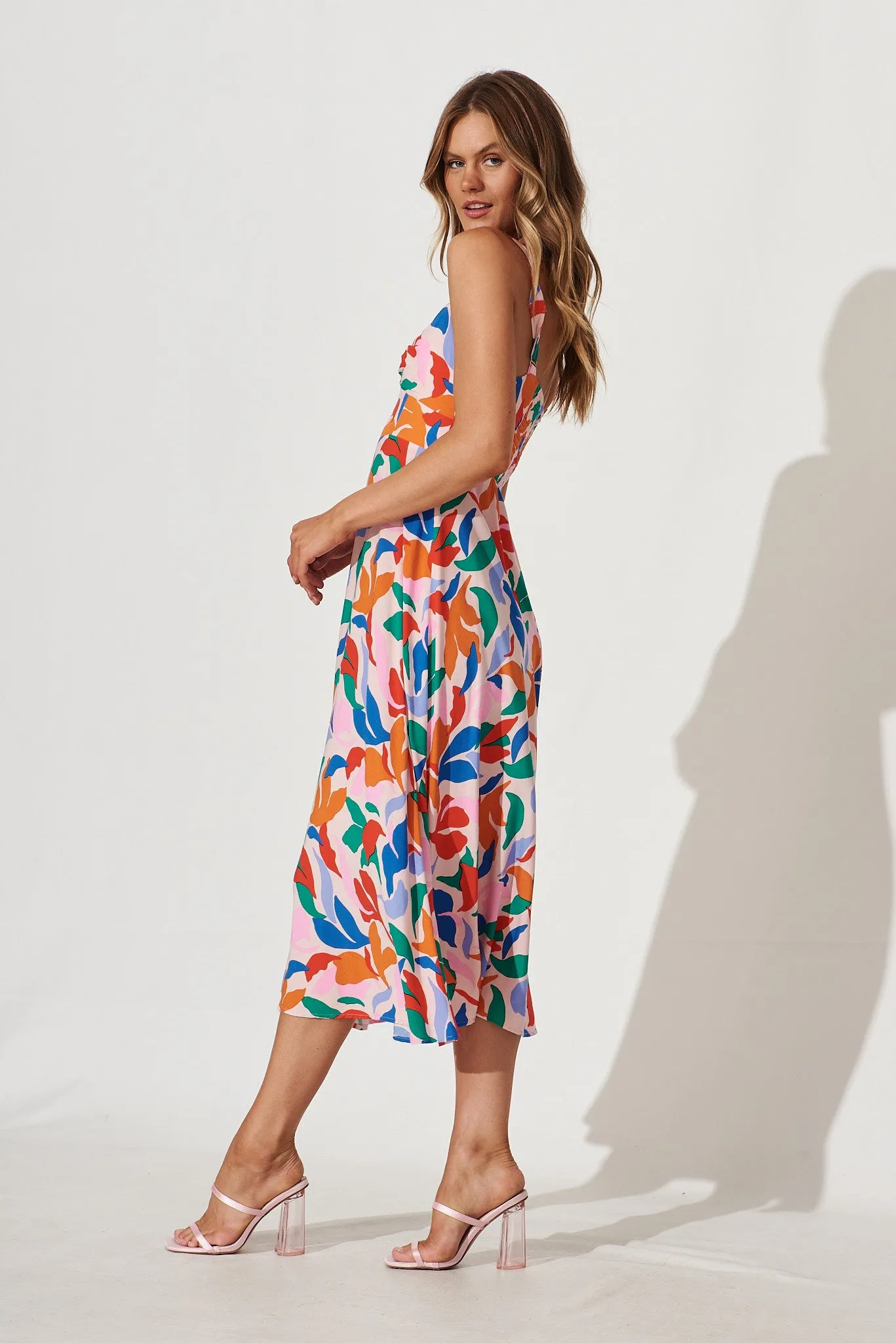 By The Sea Midi Dress In Pink With Bright Multi Leaf Print