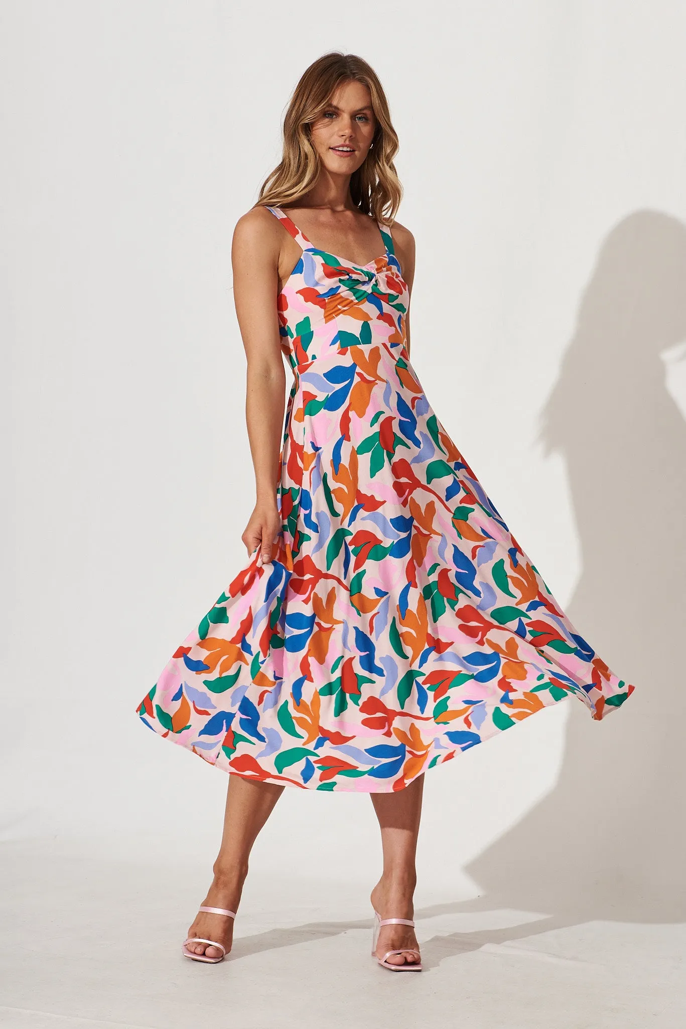 By The Sea Midi Dress In Pink With Bright Multi Leaf Print