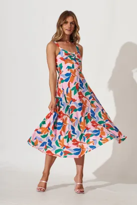 By The Sea Midi Dress In Pink With Bright Multi Leaf Print