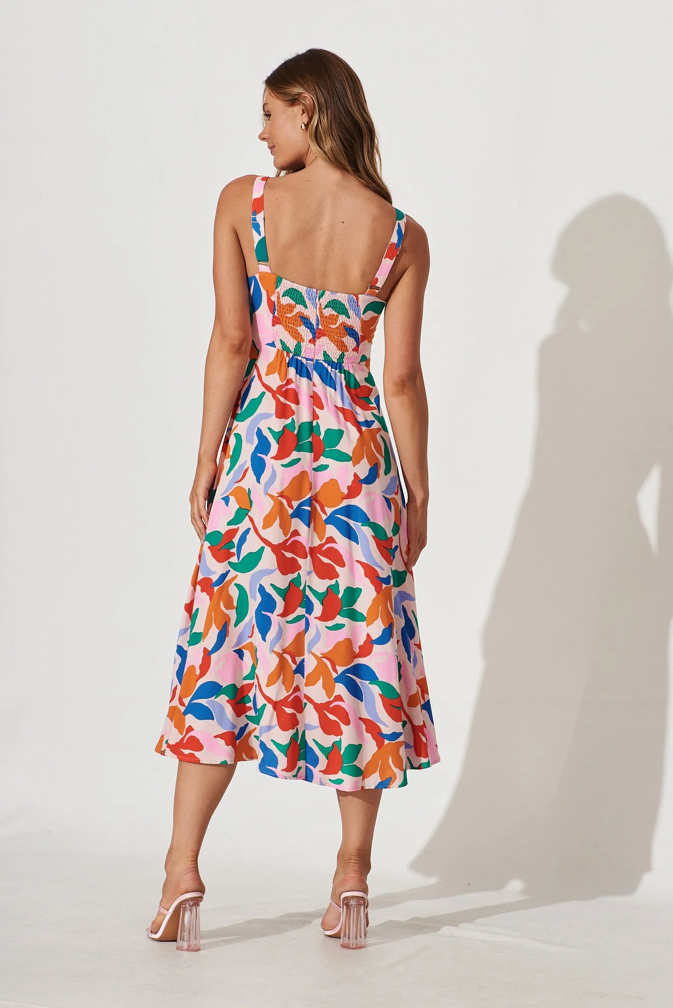 By The Sea Midi Dress In Pink With Bright Multi Leaf Print
