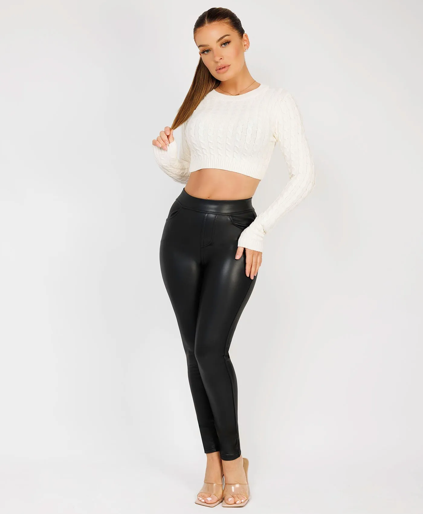 Cream Long Sleeve Cropped Cable Knit Sweater