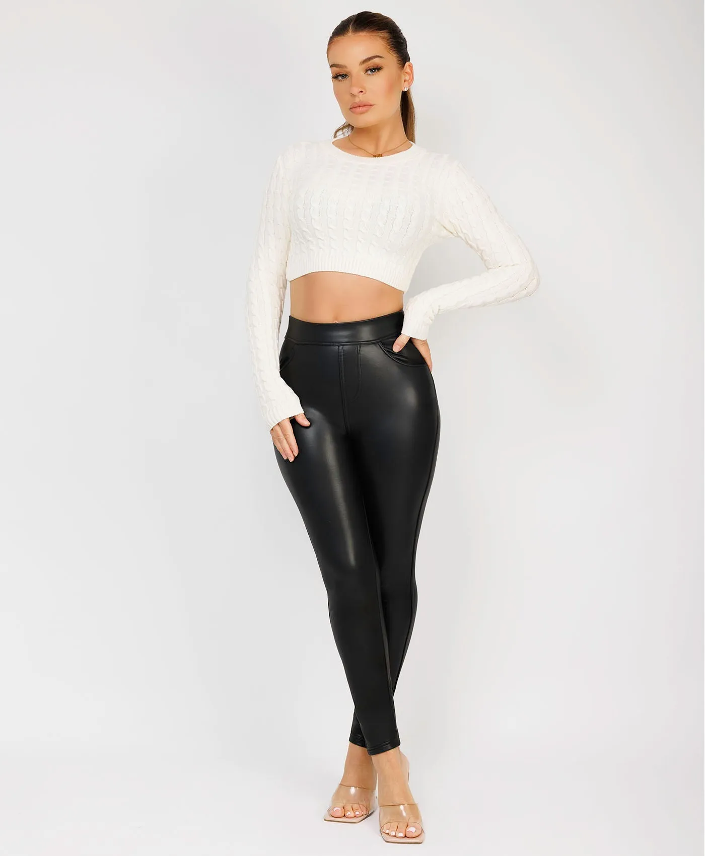 Cream Long Sleeve Cropped Cable Knit Sweater