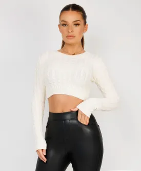 Cream Long Sleeve Cropped Cable Knit Sweater