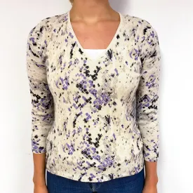 Cream Purple Splatter Cashmere V-Neck Jumper Small