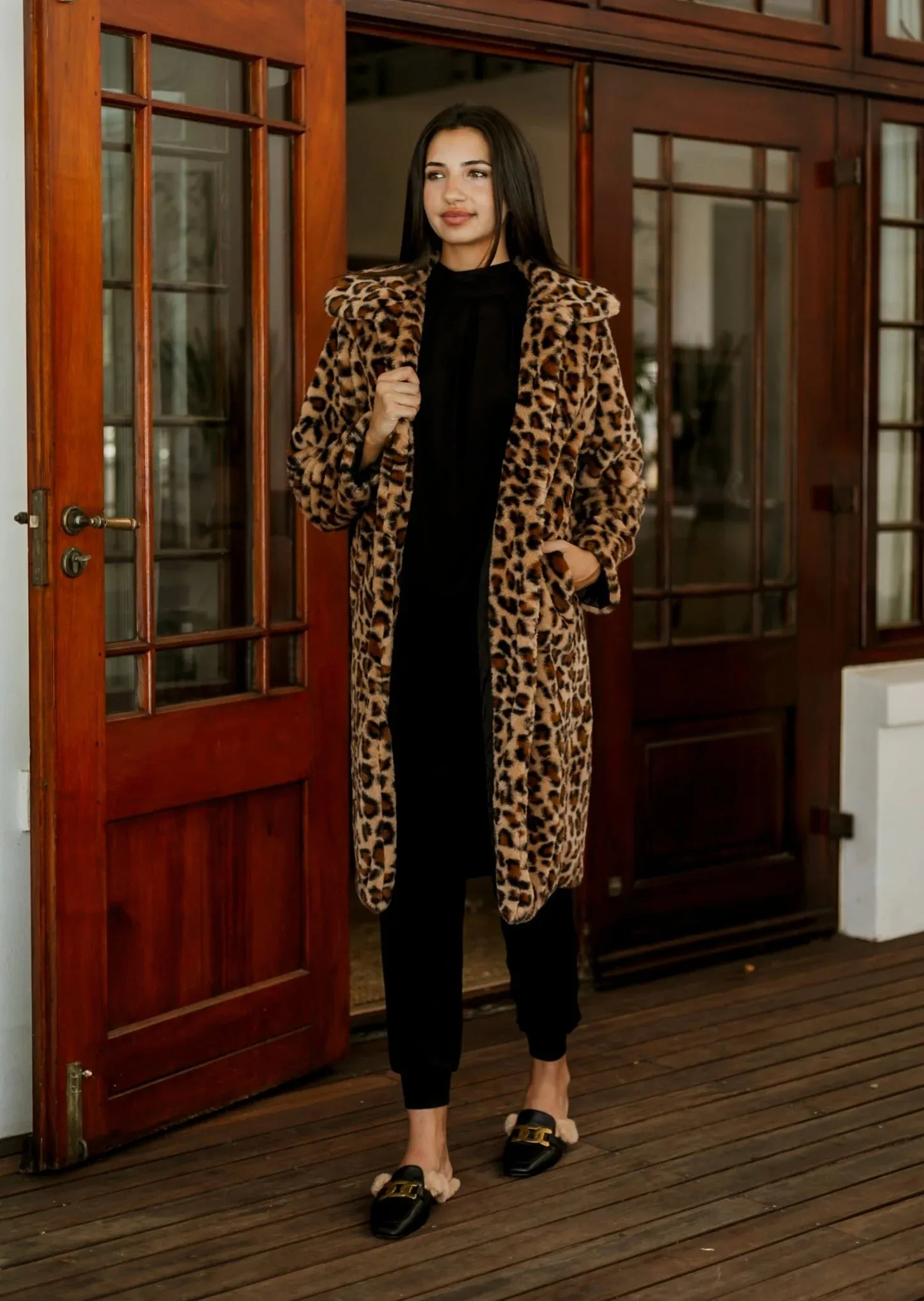 Faux Fur Coat - Long - Leopard