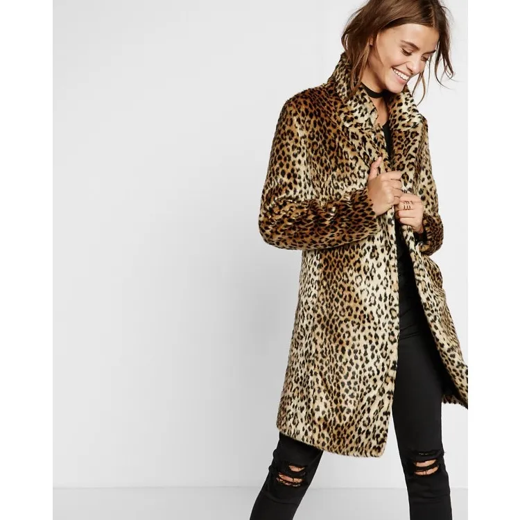 Faux Fur Leopard Printed Midi Coat