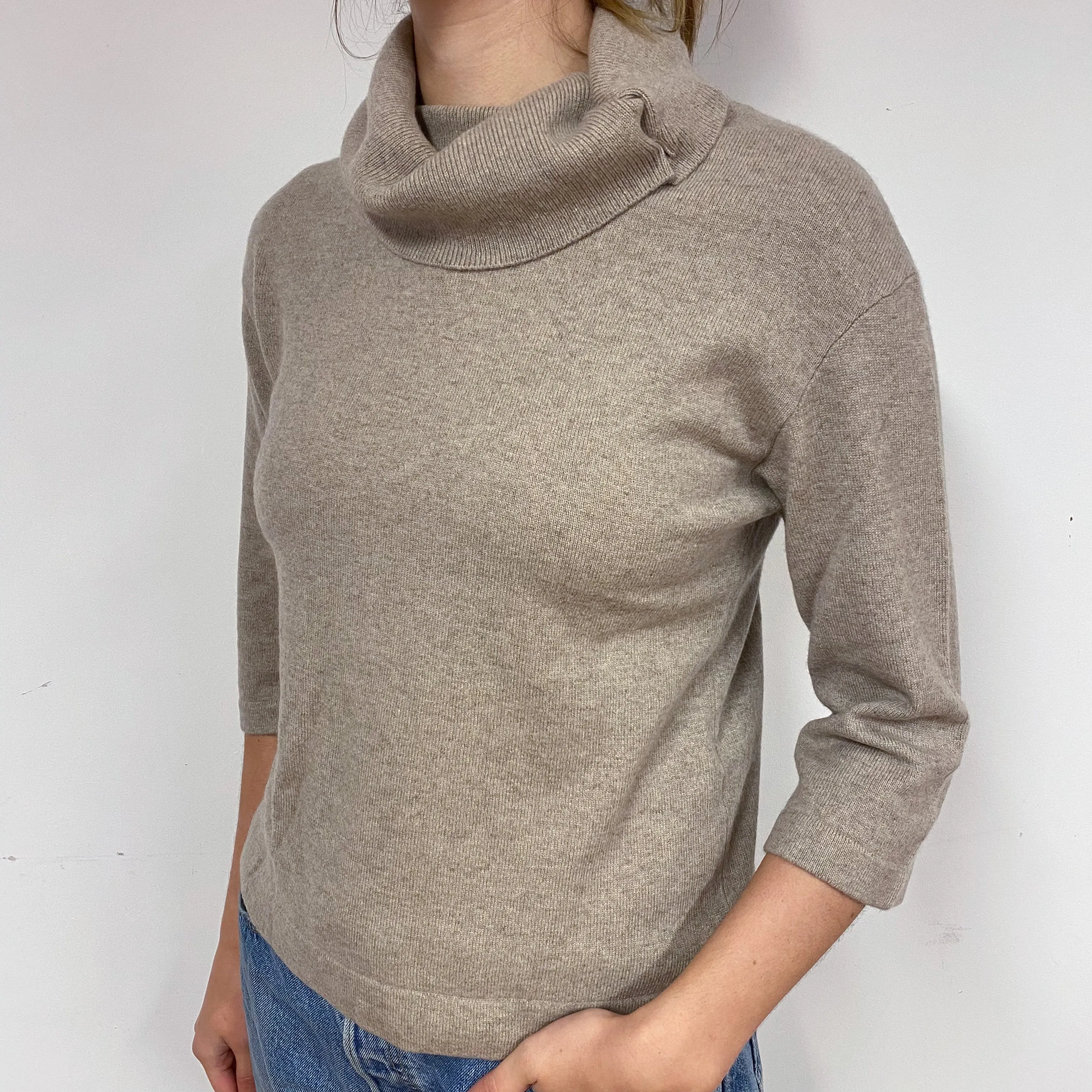 Fawn Beige Cashmere Polo Neck Jumper Small