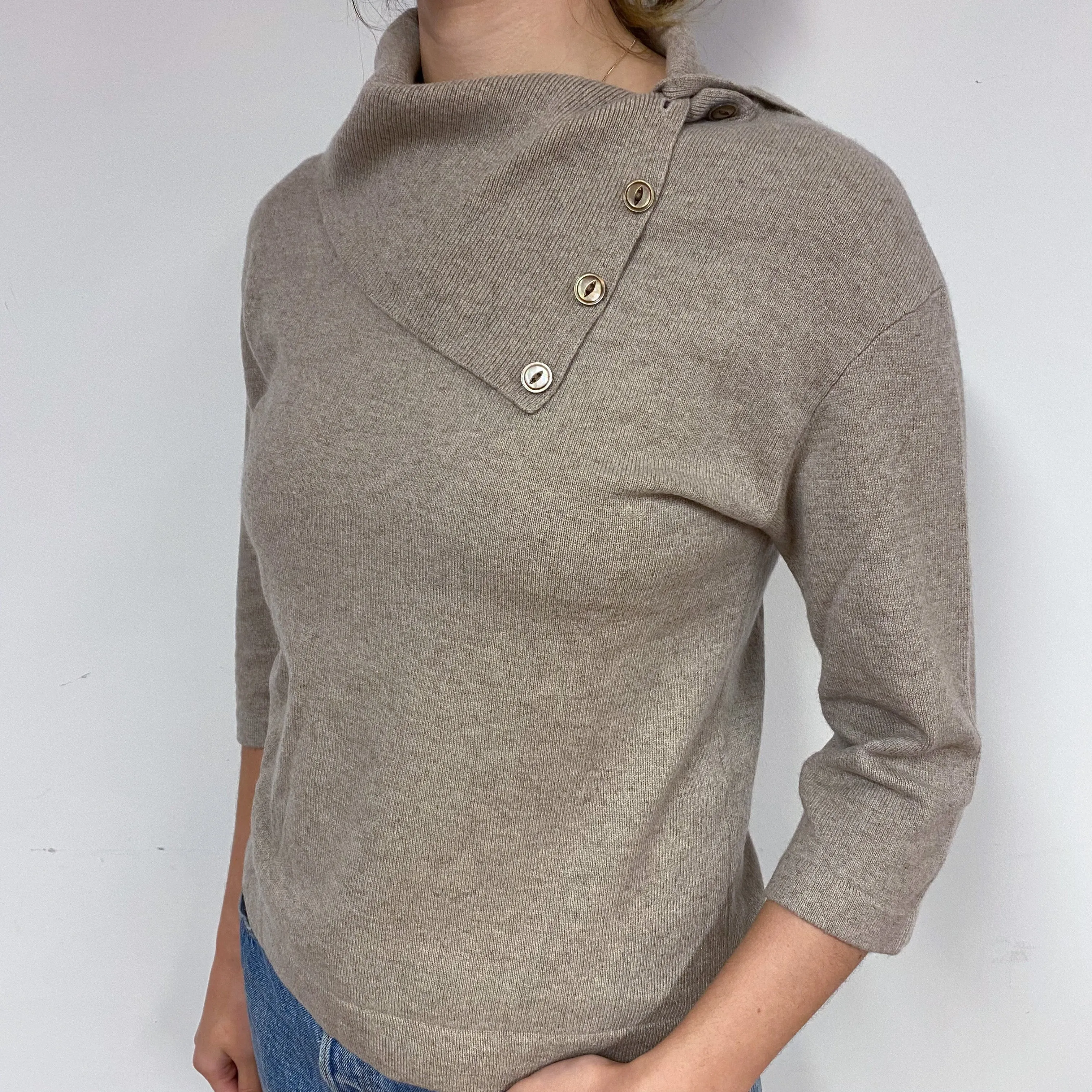 Fawn Beige Cashmere Polo Neck Jumper Small