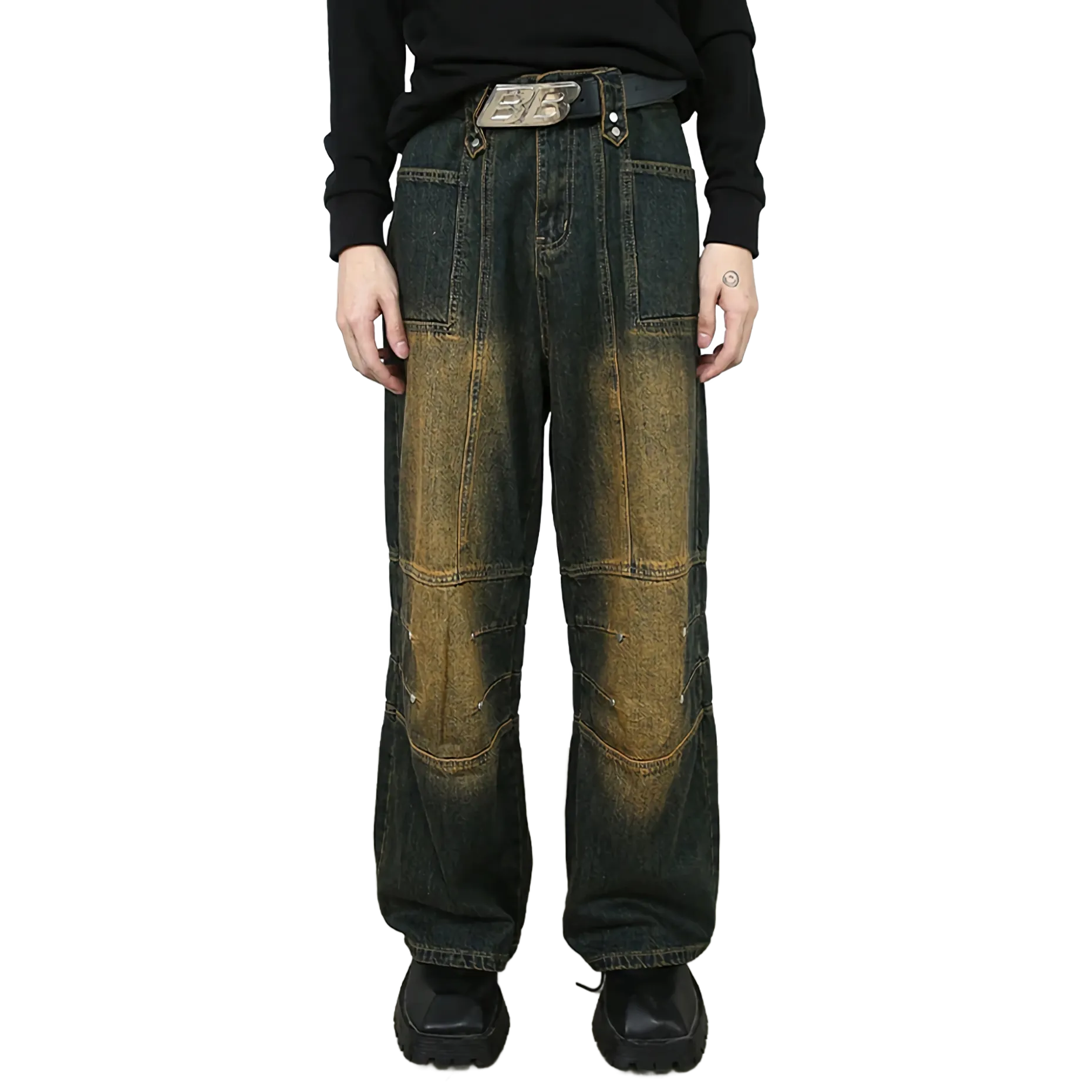 'Foundry' Patch-Panel Faded Denim Jeans