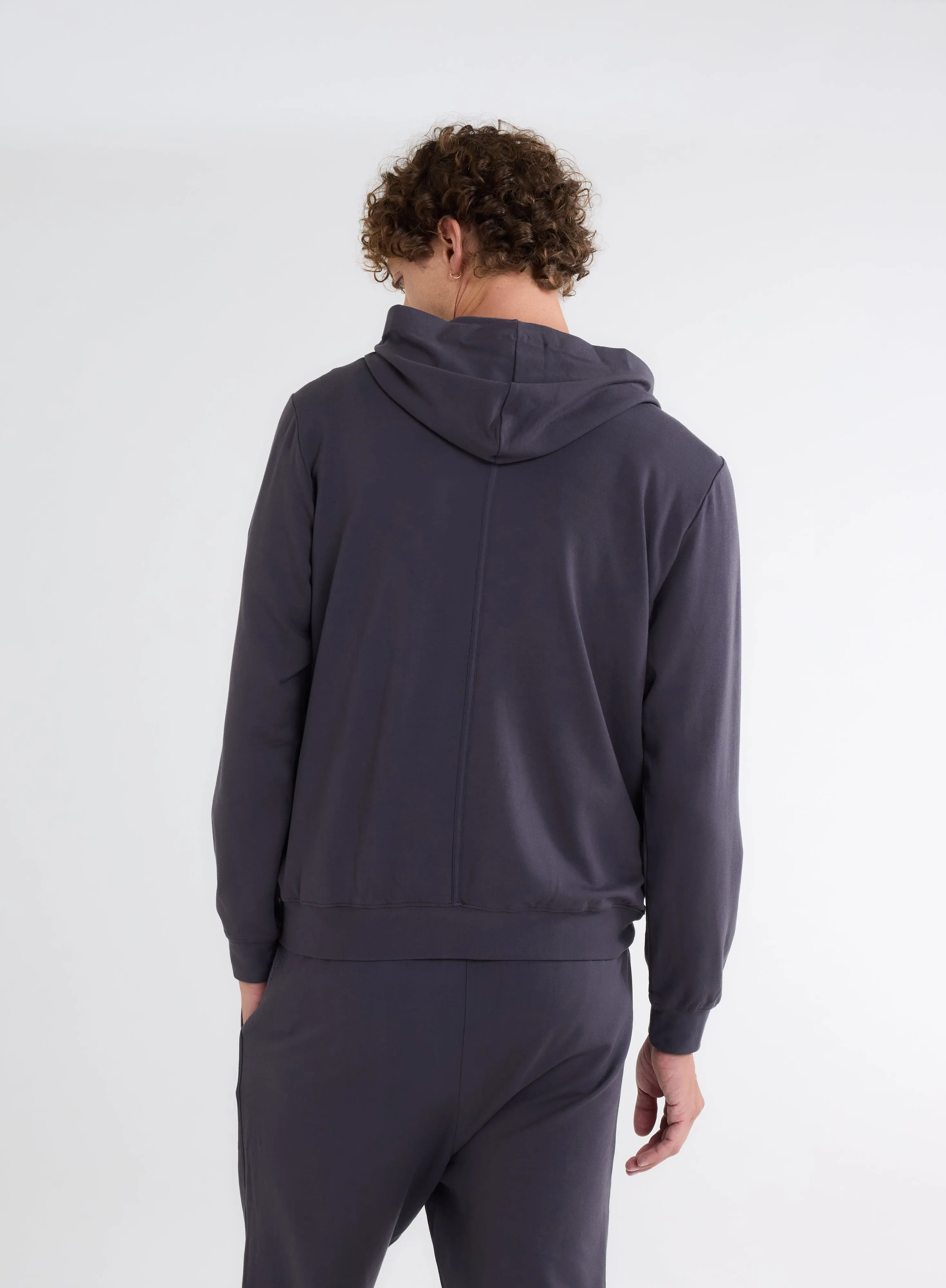 Gilet Bleu Gris Zippé à Capuche Manches Longues en Viscose et Élasthanne