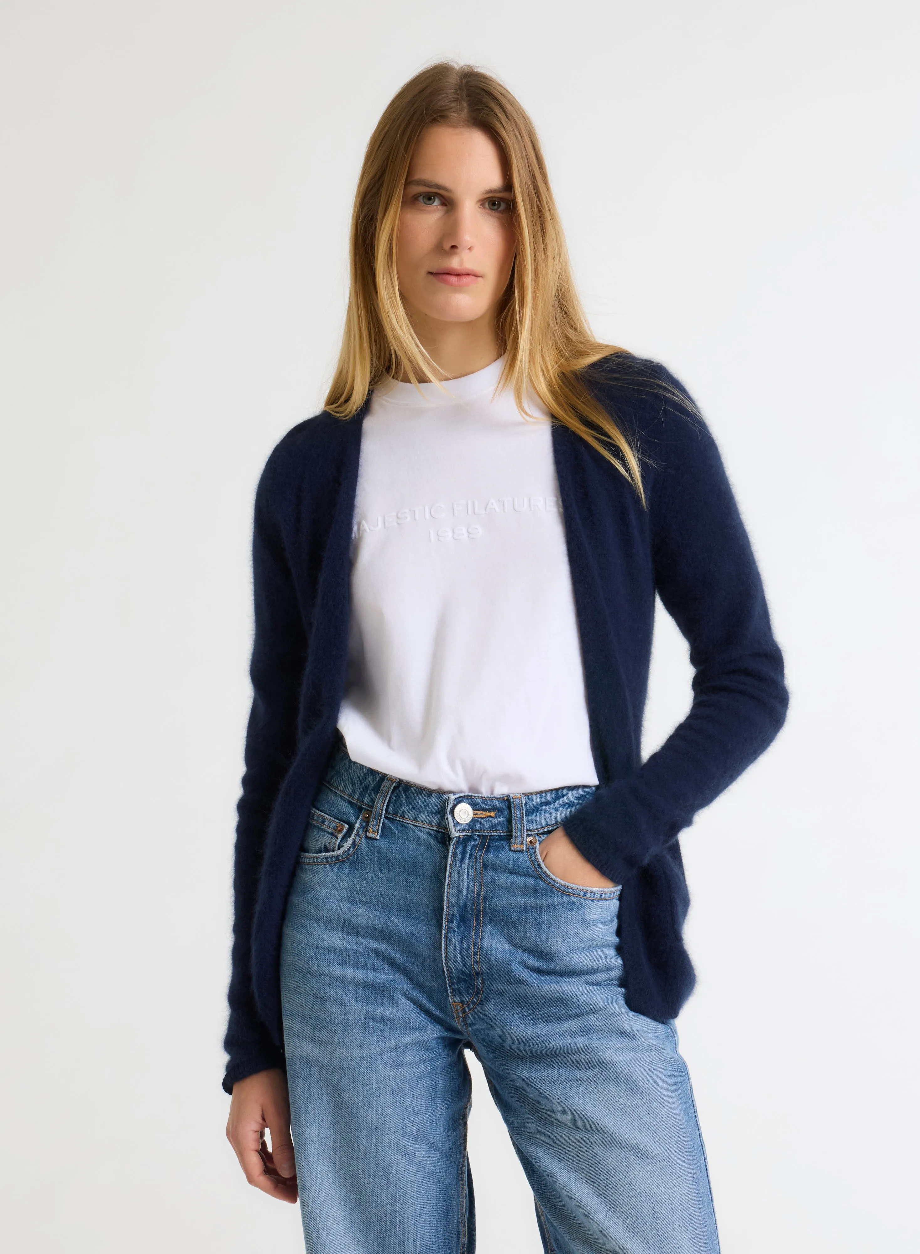 Gilet Marine Col V Manches Longues