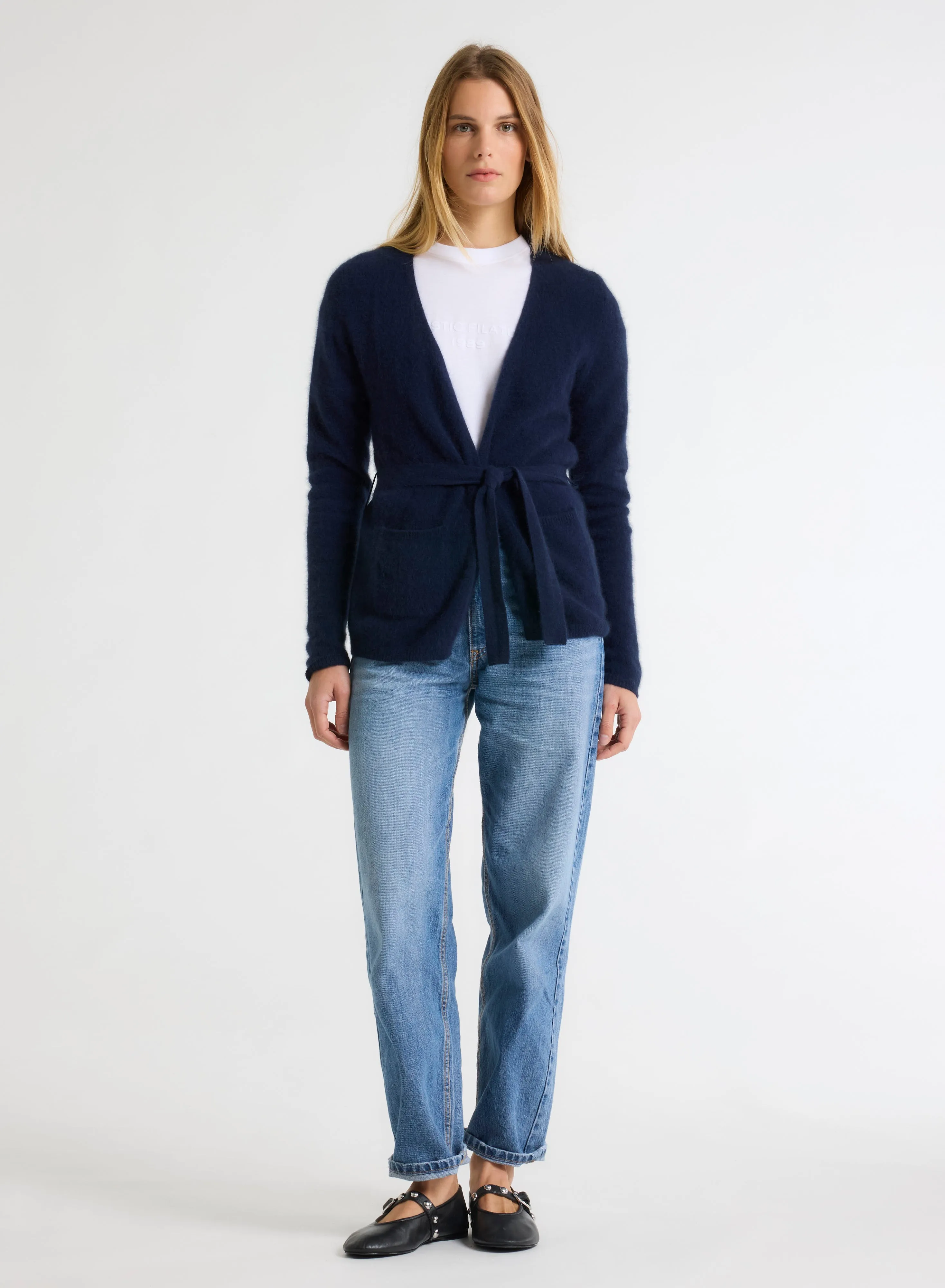 Gilet Marine Col V Manches Longues