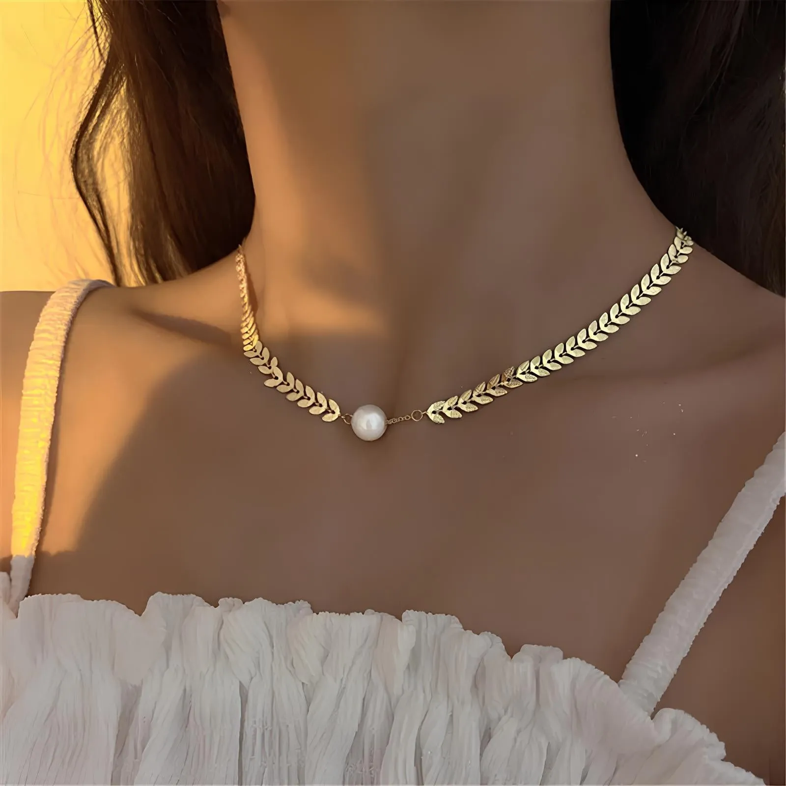 Golden Wheat Ear Pearl Pendant Necklace
