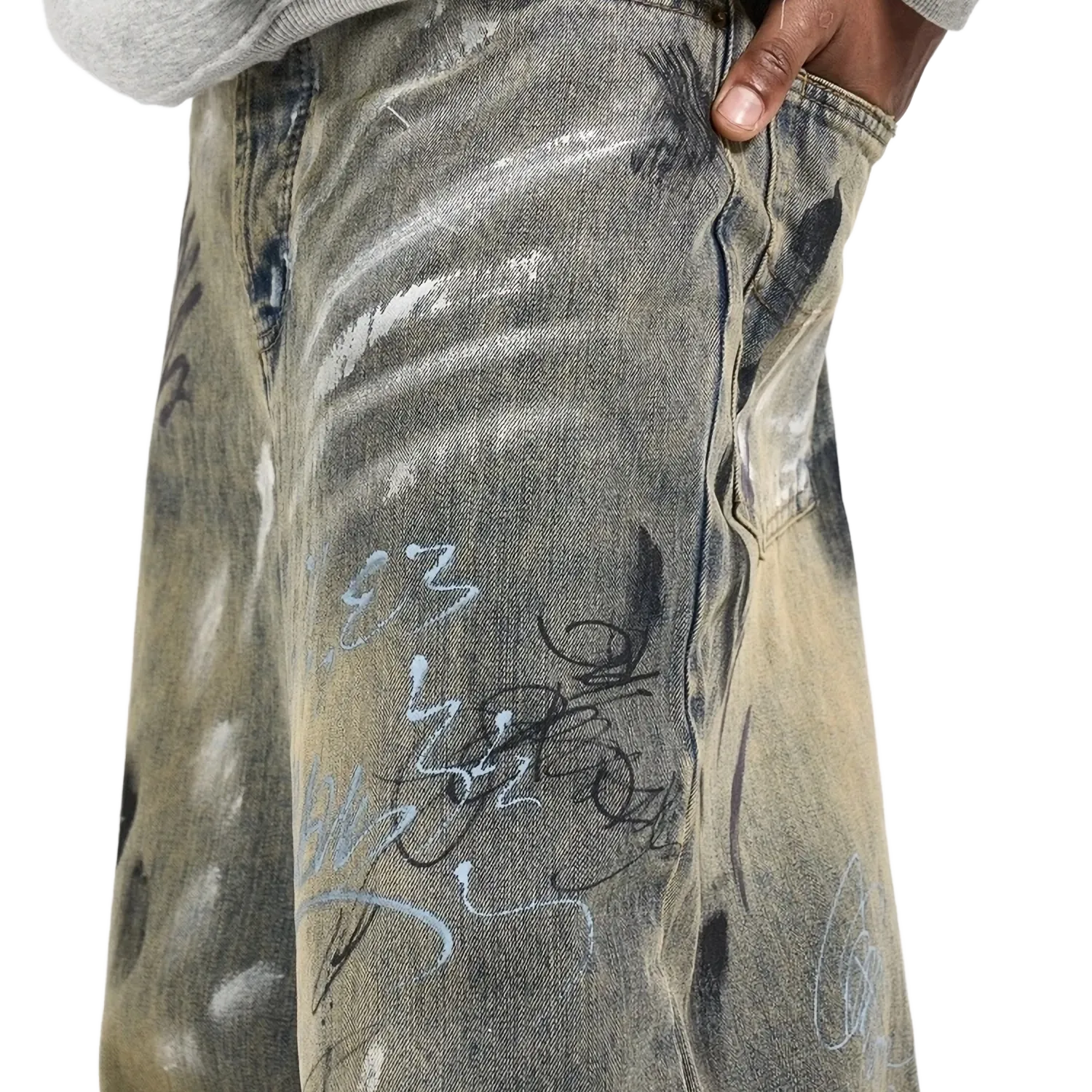 Graffiti Splatter Wide Leg Faded Denim Jeans
