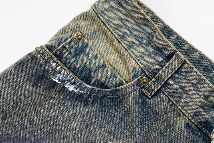 Graffiti Splatter Wide Leg Faded Denim Jeans