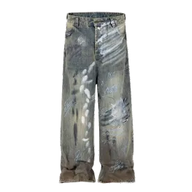 Graffiti Splatter Wide Leg Faded Denim Jeans