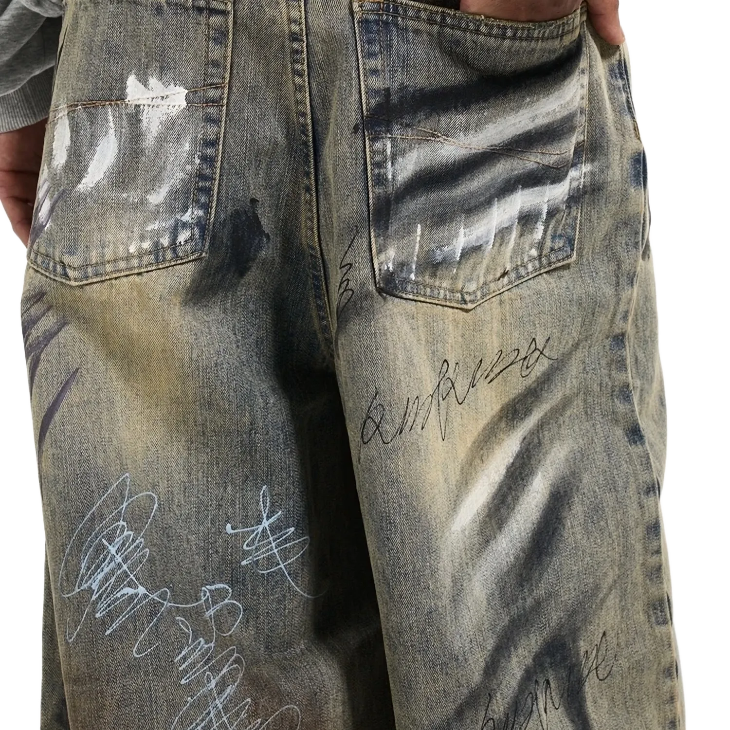 Graffiti Splatter Wide Leg Faded Denim Jeans