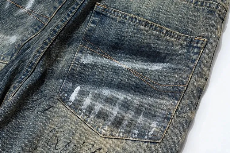 Graffiti Splatter Wide Leg Faded Denim Jeans