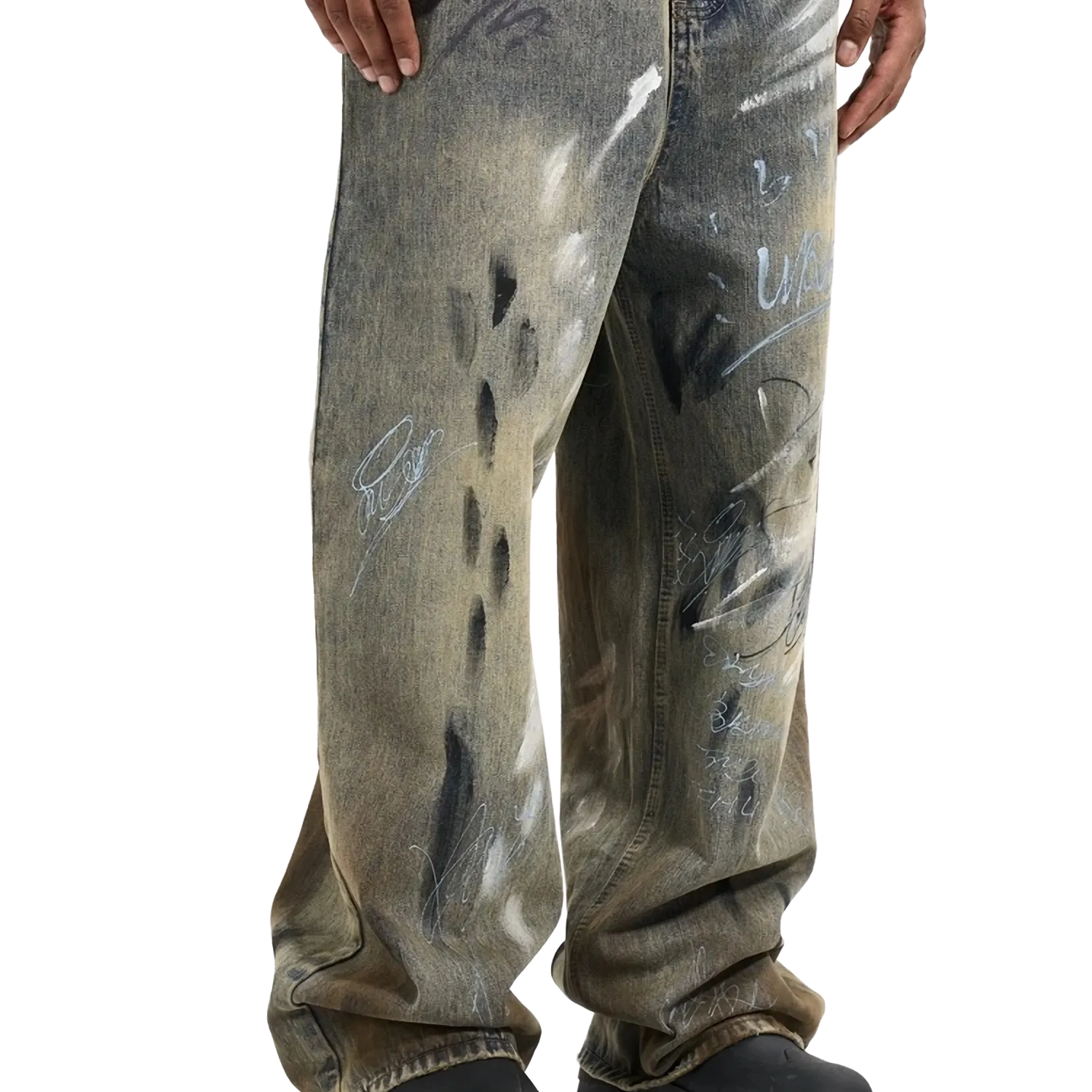 Graffiti Splatter Wide Leg Faded Denim Jeans
