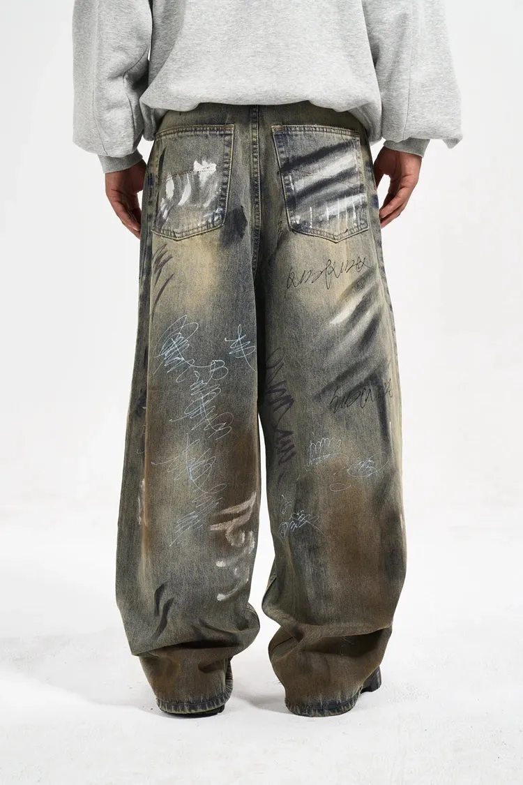 Graffiti Splatter Wide Leg Faded Denim Jeans
